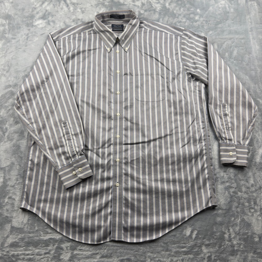 Nautica Premium Non-Iron Shirt Mens 17.5 34/35 Grey Blue Striped Button Down